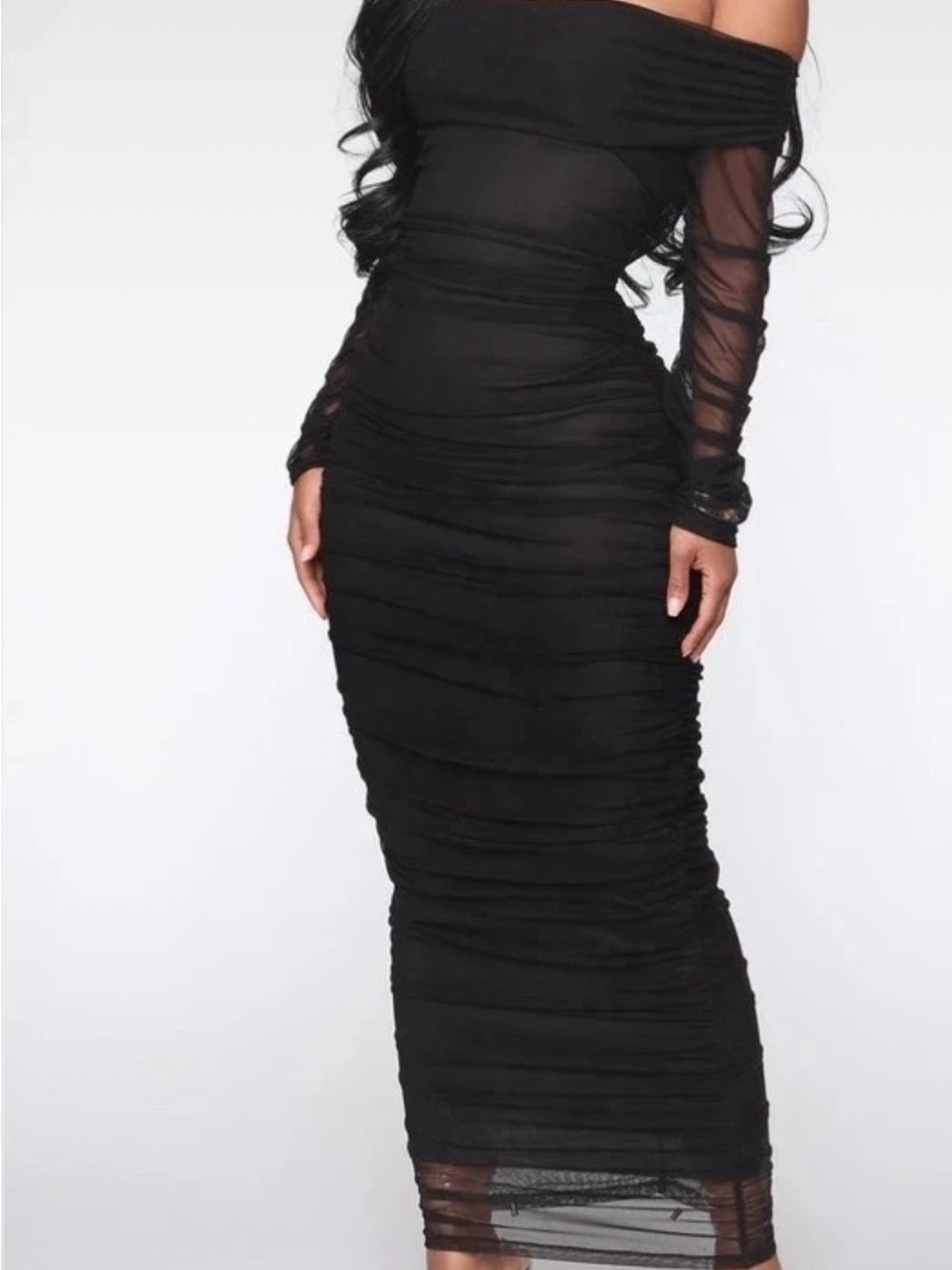 Fashion Nova Black off-Shoulder Ruched Mesh Midi Dress